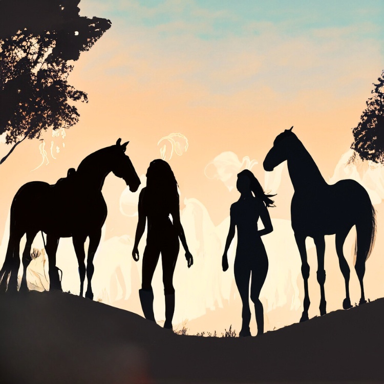 Eine Gruppe von Frauen und ihren Pferden im Spirit Horse Club - sie strahlen Vertrautheit, Verbundenheit und gemeinsames Wachstum aus.
