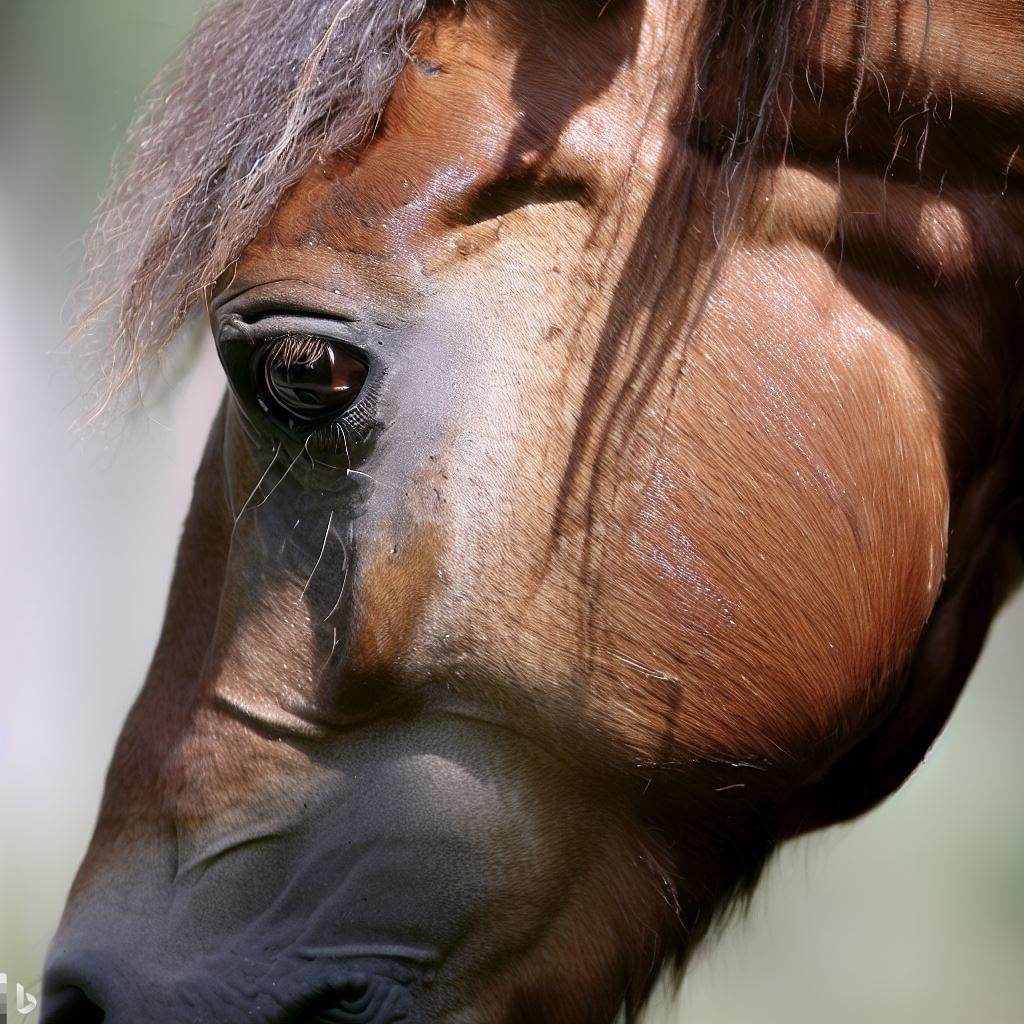 Ein einfühlsamer Blick in die Augen eines traumatisierten Pferdes, das behutsame Betreuung und Verständnis erfährt.